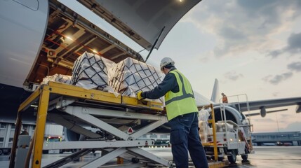 An airport ground crew loading catering supplies onto an aircraft for inflight service. 