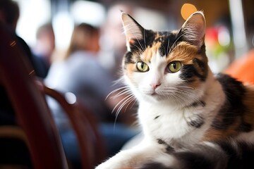 Wall Mural - a cat is sitting in a restaurant with a blurred background