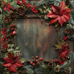 Sticker - Festive Christmas Frame with Red Poinsettia and Pine Cones on Wooden Background