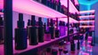 A captivating display of beauty products under neon lights, featuring sleek dark bottles with a vibrant, modern ambiance.