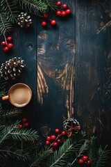 Sticker - A natural array of pinecones and fir branches on a wooden surface