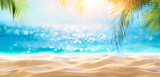 Fototapeta Sypialnia - Beach Holiday - Sand And Defocused Palm Leaves In Sunny Abstract Seascape With Glittering In Ocean