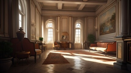 Design of a cozy living room interior in a modern classicism style. AI generated.