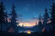A serene forest scene with two tents and a fire pit