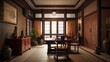 Design of a cozy living room interior in a modern feng shui style. AI generated.