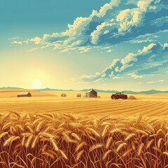 Wall Mural - A farm scene with a tractor in the foreground and a sun in the background