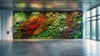 A living wall bursting with colorful, textured perennial plants, thriving inside a modern office building