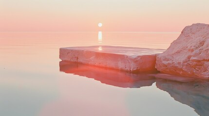 Wall Mural - Minimalist background Wellness: A concrete rock calmly atop of water, with the sunset casting soft light reflections on the serene surface, peace, tranquility, perfect relaxation in a spa, wallpaper