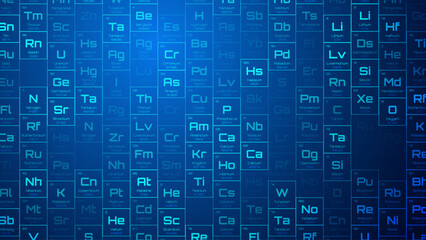 Wall Mural - Random Periodical Chemical Elements Background. Blue Education Science Chemistry Physics Backdrop. Vector Illustration.