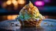 Scoop of colorful ice cream in crispy waffle cup