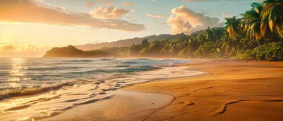 Wall Mural - Pristine Sands Stretch Toward the Ocean, Framed by Tropical Foliage and the Vast, Open Sky, in a Scene of Natural Harmony