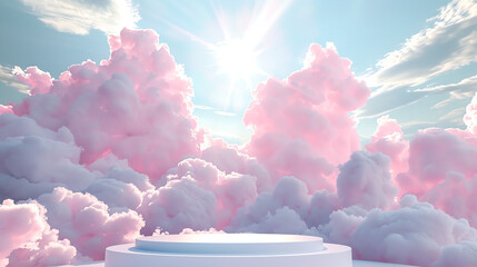 Wall Mural - 3d podium, round white platform on a background of pink clouds and a blue sky with sun rays, backgro