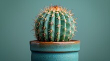   A Close-up Of A Small Cactus In A Blue Pot On A Green Surface With A Blue Wall Behind It