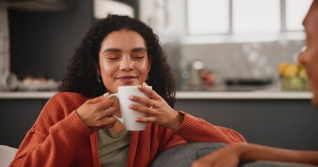 Wall Mural - Couple, morning and relax with coffee on sofa for warm drink, aroma or caffeine in living room at home. Man and woman with smile or enjoying hot beverage, latte or cappuccino for comfort at the house