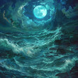 Storm at sea on a moonlit night