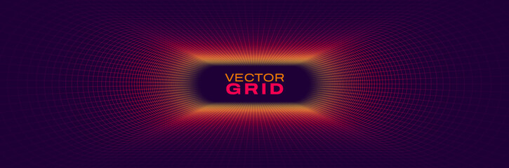 Fototapete - Synthwave Grid Tunnel. Grid Frame Retrowave Party Flyer Background. Round Tunnel Mesh Backdrop. Abstract Digital Background. Vintage Computer Virtual Reality VR Tunnel Technology Vector Illustration.