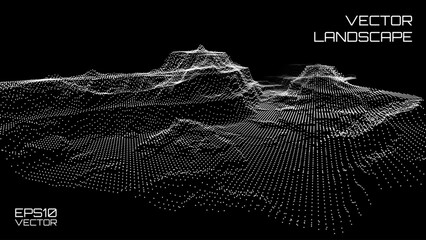 Aufkleber - Wireframe Landscape Wire with Depth of Field Effect. 3D Topographic map background concept. Geography concept. Wavy backdrop. Space surface HUD Design Element.