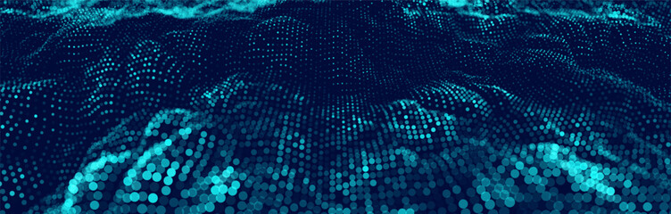Aufkleber - Colorful Blue Sound Wave Ripple Digital Equalizer Design. Big Data Audio Visualization. Digital Water Drop Waves Concept. Vector Illustration. Audio Track Particles Ripple Wave Effect.