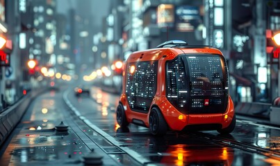 Wall Mural - A futuristic electric delivery minivan with a fully autonomous system to navigate city streets