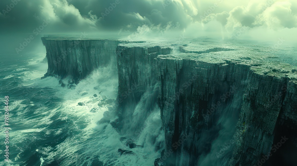 Cliffs of ancient stone rise defiantly from the turbulent waves below ...