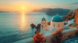 Fototapeta  - Mesmerizing beauty of Santorini's whitewashed buildings with the Aegean Sea as a backdrop is a sight that attracts tourists from around the world.