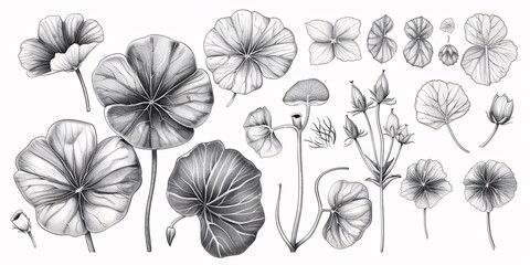 Naklejka na meble Monochrome hand-drawn illustration set of Centella asiatica flower leaf with graphic elements in engraved style for labels, stickers, menus, and packaging.