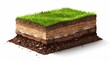Illustration showing layers of soil under a layer of natural minerals, sand, and clay, with a grassy surface.