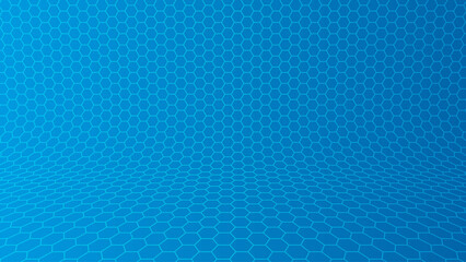 Fototapete - Blue Hexagon Grid In Perspective. Colorful Abstract Technology Background. Molecular Network of Hexagons Connected. Chemical Network. Carbon Nanomaterials Nanotechnology Concept. Vector Illustration.