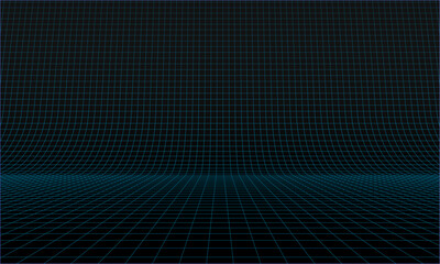 Wall Mural - Blue Glowing Grid of Curved 3D Stage. Perspective Grid. Wide Black Blueprint Background Texture.