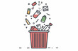 Overproduction concept - product icons falling in trash bin