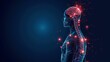 human body with glowing red brain and spine on dark blue background, digital illustration, copy space
