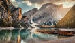 amazing natural landscape at sunset stunning morning scene on the braies lake pragser wildsee in dolomites mountains italy lago di braies iconic location for landscape photographers