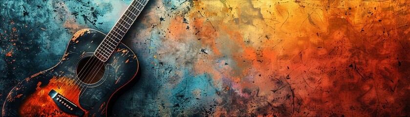 grungy texture background with a guitar and vibrant color splash, perfect for an acoustic or country