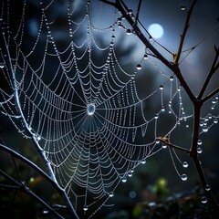 spider web with drops of water between the branches on the night