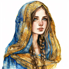 Canvas Print - Watercolor Morocco woman wearing a blue and gold scarf with gold beads on her head