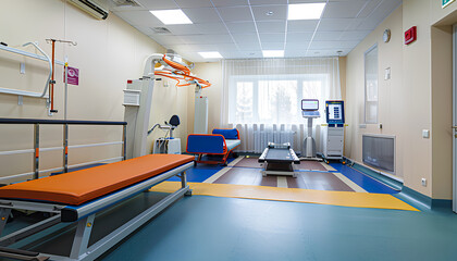 Interior of rehabilitation center with couch and equipment