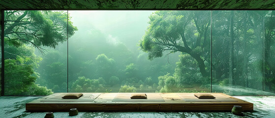 Wall Mural - Serene Forest Landscape in Summer, Green Trees and Sunlit Bench, Peaceful Nature and Park Environment