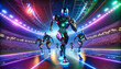 Robotic race in a stadium with iridescent hues and dynamic lights.