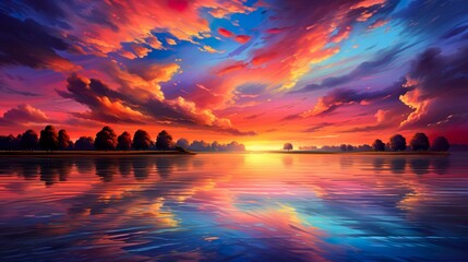 Wall Mural - Striking digital art of a lake during sunset with the sky ablaze with dynamic cloud patterns