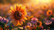 Sunflower with bee in golden light