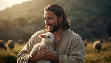 Canvas Print - The Lamb of God: Jesus Holding a Baby Lamb in a Sunlit Field.