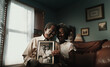 © ADDICTIVE STOCK - AI Generated Image. Happy senior African American couple holding vintage wedding photograph of their younger self