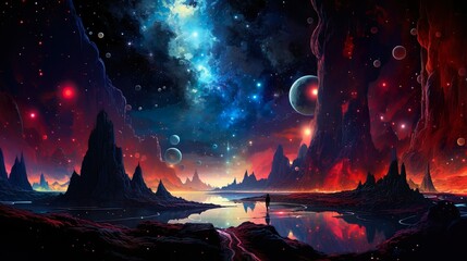 Wall Mural - A mesmerizing digital illustration showcasing an otherworldly landscape under a vibrant cosmic sky