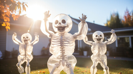 Cheerful Skeletons Posing in Bright Autumn Sunshine