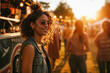 © ADDICTIVE STOCK - Young woman enjoying summer evening at food truck festival. Generative AI image