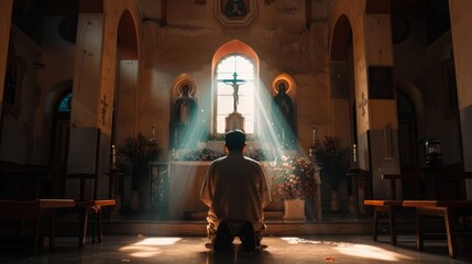 A solitary man prays at the altar in the temple, surrounded by sun rays. Before him, a Christian cross and sacred icons. A moment of divine connection and faith