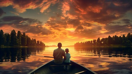 Wall Mural - a serene scene capturing a father and son sitting in a canoe on calm water, with a stunning sunset b