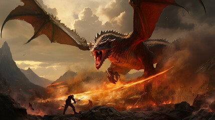 A dramatic encounter unfolds as a fearless warrior with a glowing sword confronts a roaring dragon in a blazing inferno