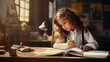 This illustration shows a concentrated young girl writing in a large workbook at a wooden desk with warm lighting