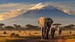 A family of elephants embarks on a journey across the plains with the iconic Mount Kilimanjaro in the background, exuding a sense of unity and heritage